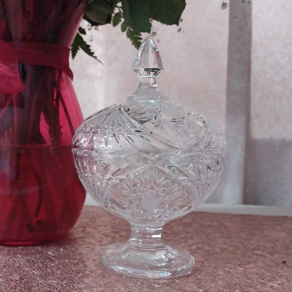VINTAGE Heavyweight Glass Footed Crystal Candy Treats Potpourri Dish Bowl & Lid
